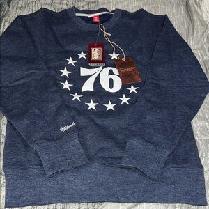 Mitchell & Ness Blue 76ers Crewneck Sweater with White embroidery